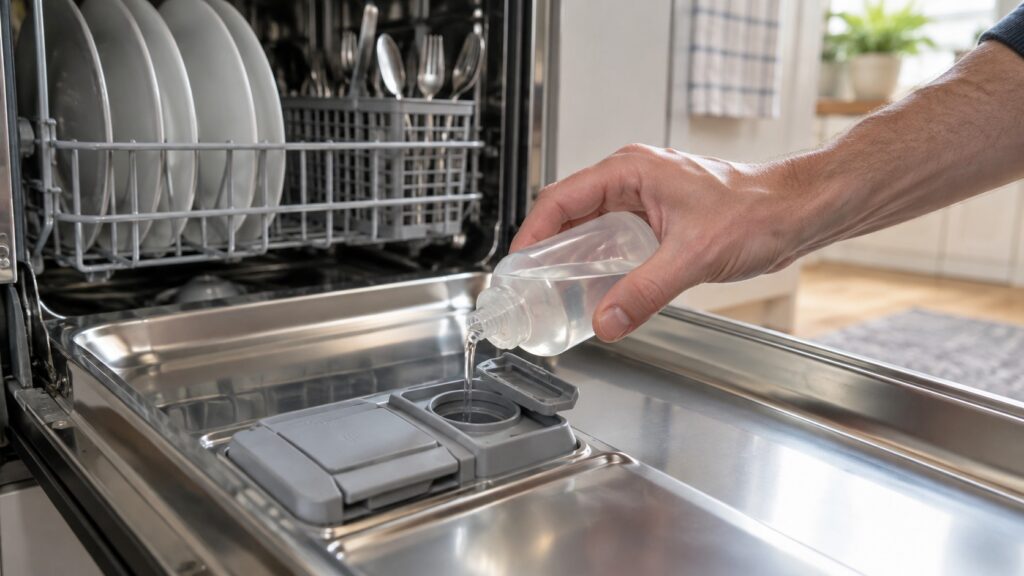 A hand pouring rinse aid into the dispenser inside a dishwasher door