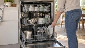A stainless built-in dishwasher standing open with three loaded racks in a bright kitchen