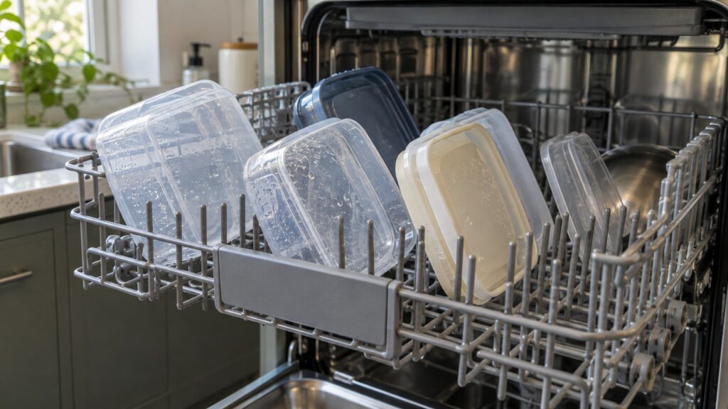 Plastic food containers angled on the upper rack of a dishwasher so water can drain off them