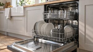 An open dishwasher at the end of a cycle with dry plates and glasses in both racks