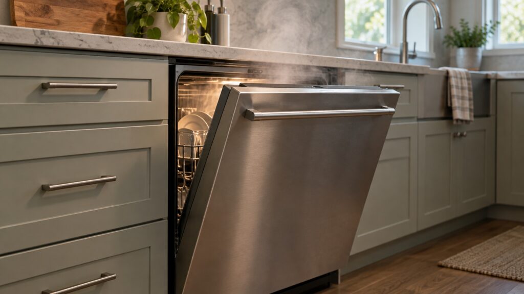 A dishwasher door open a few inches at the end of a cycle with steam escaping from the tub