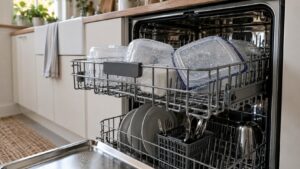 An open dishwasher with water droplets standing on plastic containers in the upper rack