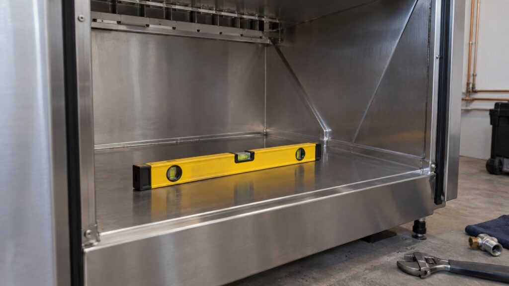 A spirit level lying on the floor of an empty ice machine bin during installation