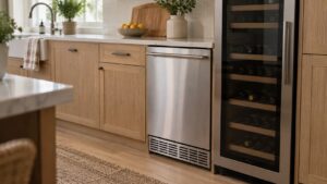 A stainless undercounter ice maker built into a run of kitchen cabinets beside a wine cabinet