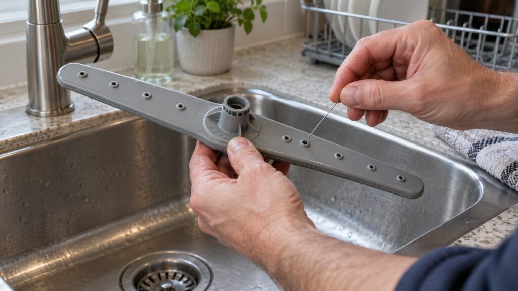 A thin wire clearing a blocked jet in a dishwasher spray arm held over a sink