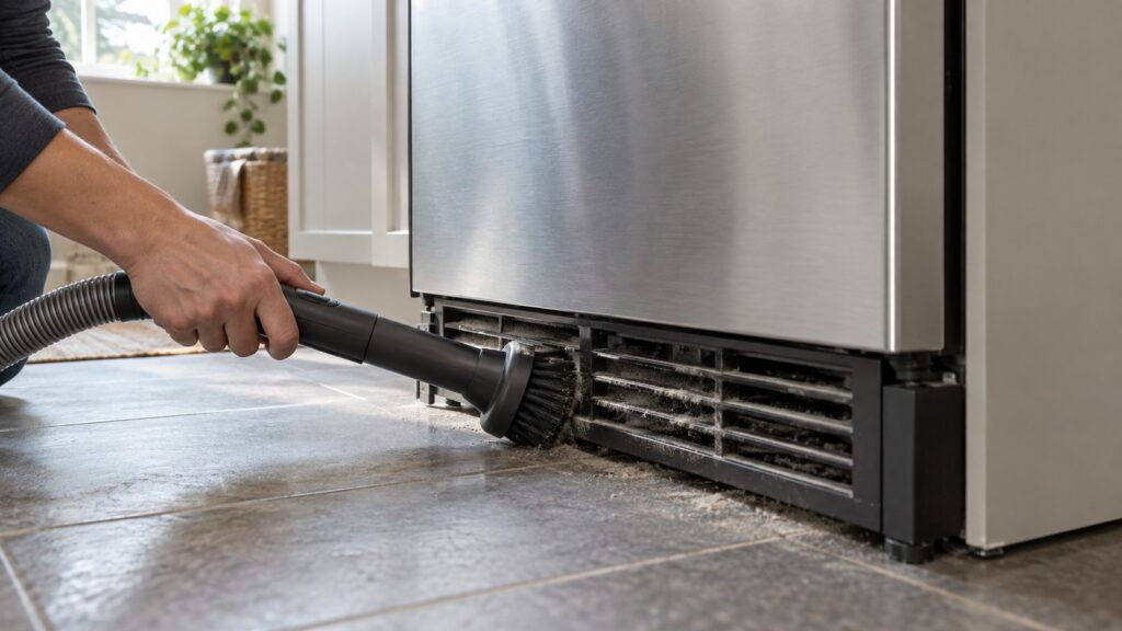 A vacuum brush cleaning dust from the front grille of an undercounter appliance