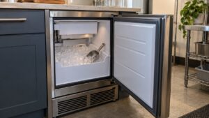 An open undercounter ice machine with a scoop resting in a bin of clear cubes