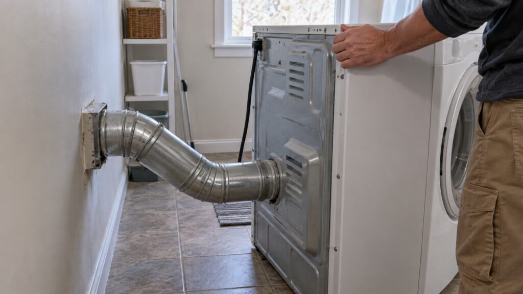 A rigid metal dryer duct connected at the back of a dryer pulled away from the wall