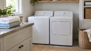 A washer and dryer side by side in a bright laundry room with folded towels on a counter