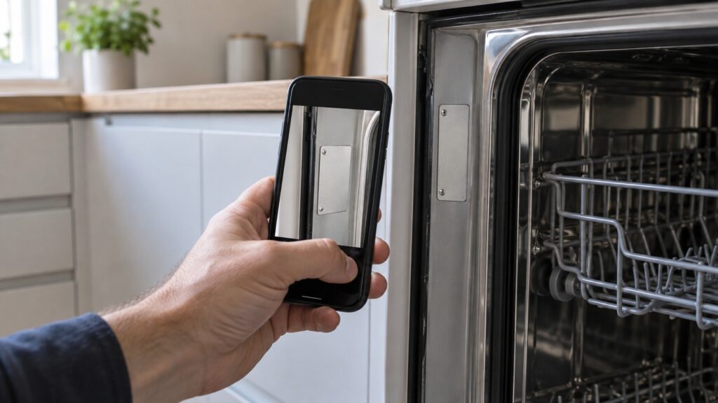 A hand photographing an appliance rating plate with a phone in a kitchen