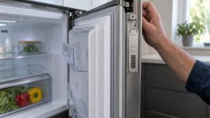 A rating plate with model and serial numbers visible on the edge of an open appliance door