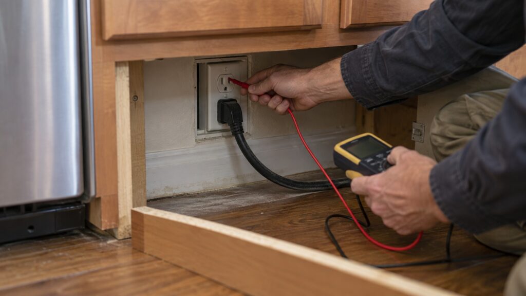A heavy appliance power cord and wall receptacle behind a cabinet toe kick, with a technician holding a multimeter probe at the outlet
