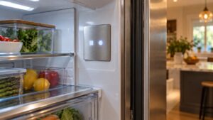 The lit interior display panel of a stainless steel built-in refrigerator showing two letters, with a warmly lit kitchen behind it