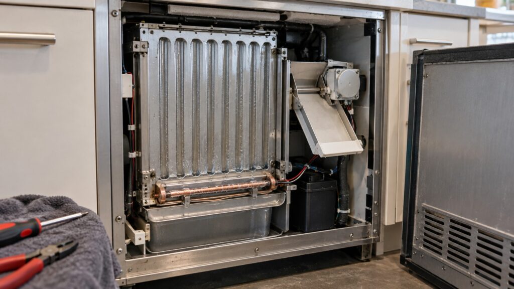 The evaporator plate and harvest heater assembly of an undercounter ice machine with the motorized damper door beside it