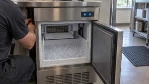 An open stainless steel undercounter ice maker with a bin of clear ice and a two-character code lit on its control panel