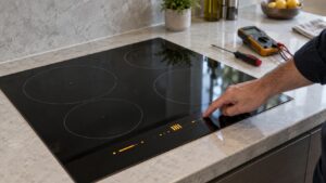 A 36-inch black glass induction cooktop set into a stone countertop with a fault code lit on its touch control strip
