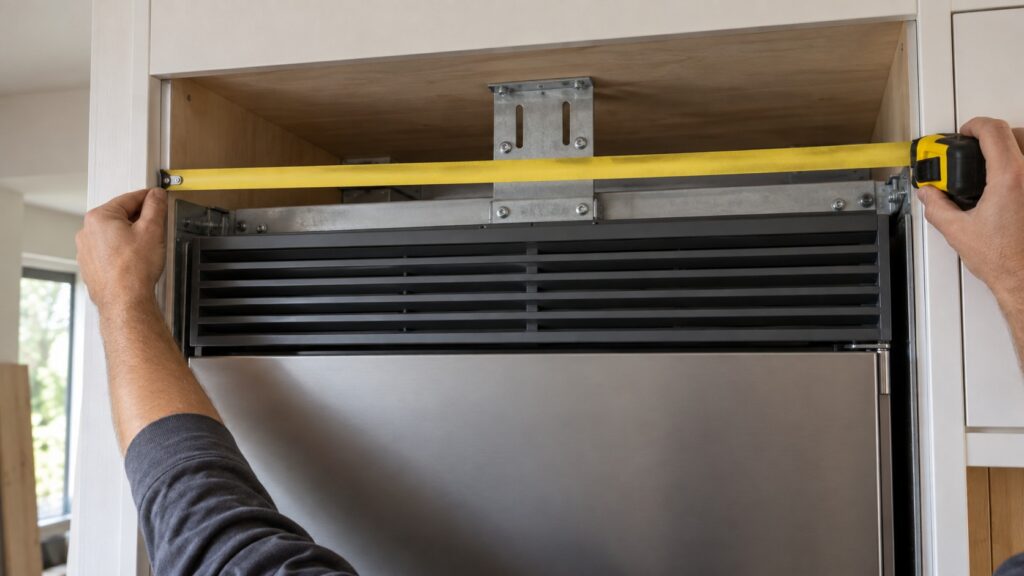 The top grille and anchoring bracket of a built-in refrigerator column inside a cabinet opening, with a tape measure across the opening width
