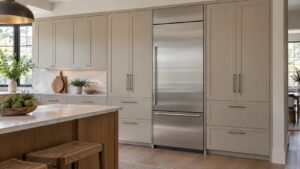 A stainless steel built-in refrigerator column set flush into a cabinet run with an even reveal against the neighboring cabinet faces
