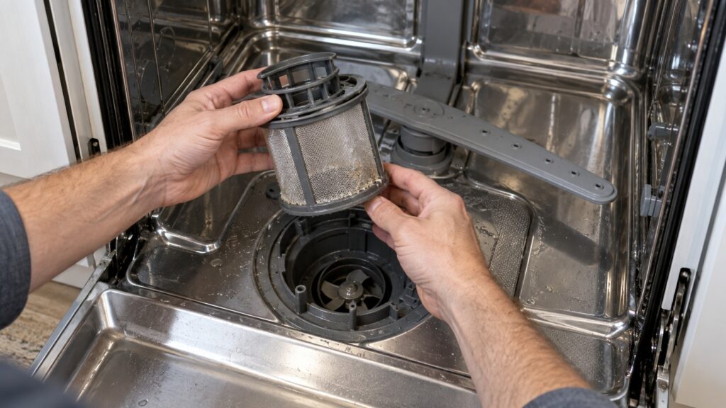 The open sump of a dishwasher tub with the cylindrical filter assembly lifted out and the drain pump impeller housing visible below it