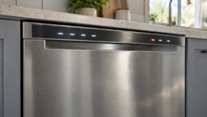 The front control panel of a stainless steel dishwasher with a PrintShield finish, cycle pads lit and a fault indicator showing