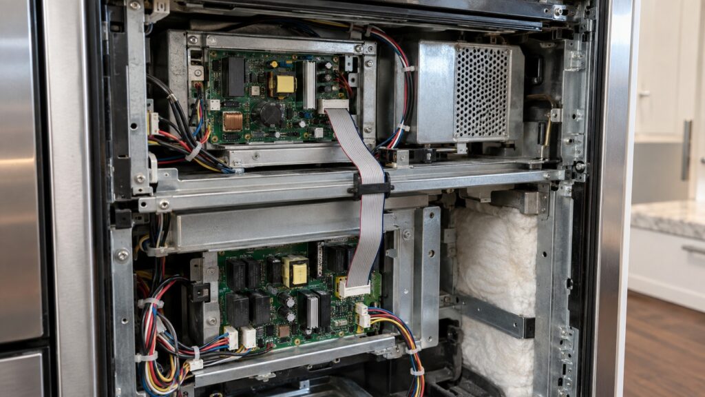 A ribbon communication harness and connector running between the microwave power board and the oven power board inside a wall oven column