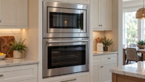 A stainless steel combination wall oven column built into cabinetry with a microwave in the upper cavity and a convection oven below it