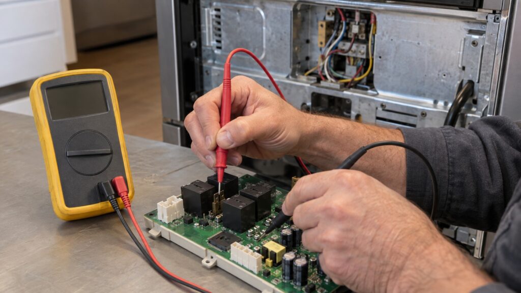 A technician's hands using a multimeter to test a relay on an electronic control board removed from the back of a range