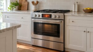 A stainless steel KitchenAid range with its oven door closed and an unreadable fault code glowing on its digital display