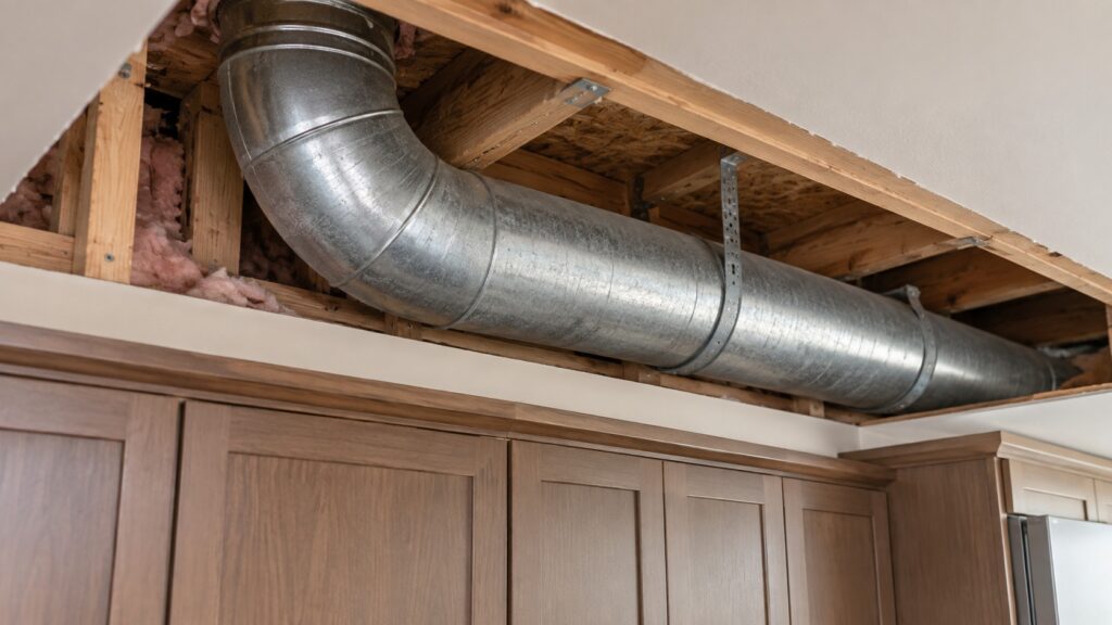 A section of rigid round metal ductwork with a long-radius elbow running through a ceiling cavity above kitchen cabinets