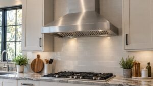 A stainless steel wall-mount KitchenAid range hood insert installed above a gas cooktop in a modern kitchen