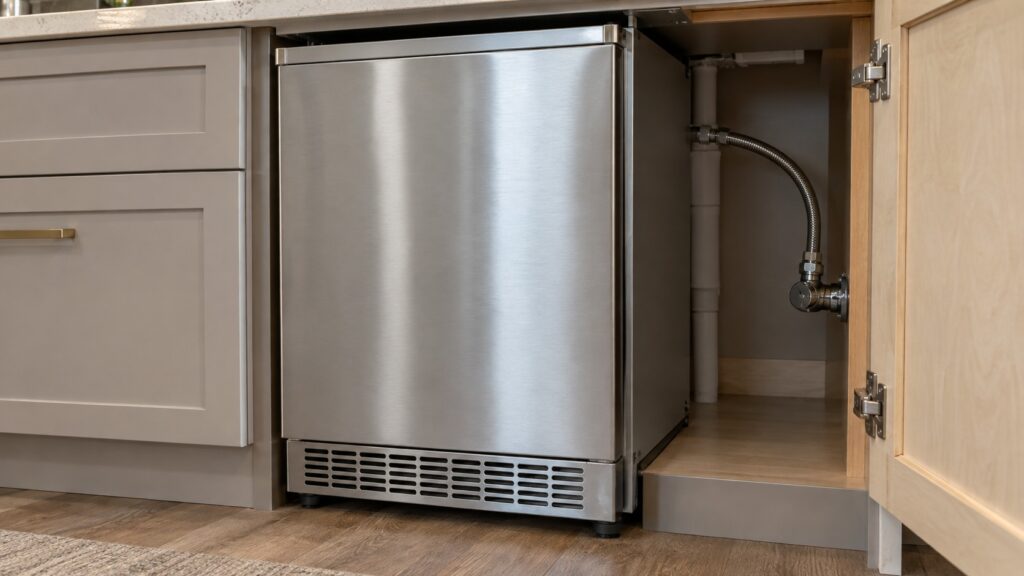 A close-up of a stainless steel undercounter ice maker installed beneath a kitchen counter with its water supply line visible behind it