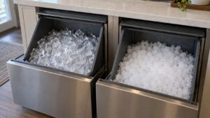 Two open undercounter ice maker bins side by side, one filled with dense clear ice cubes and the other filled with soft white nugget ice