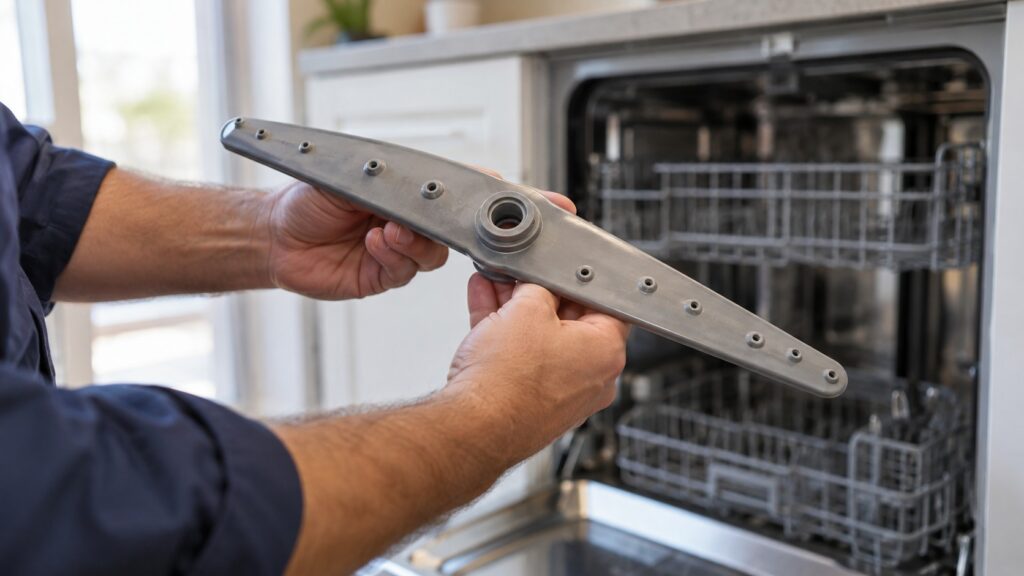 A technician's hands holding a removed dishwasher spray arm up to the light, checking each jet for a clog