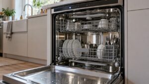An open KitchenAid dishwasher tub with the upper and lower spray arms visible and the control panel showing a cycle in progress