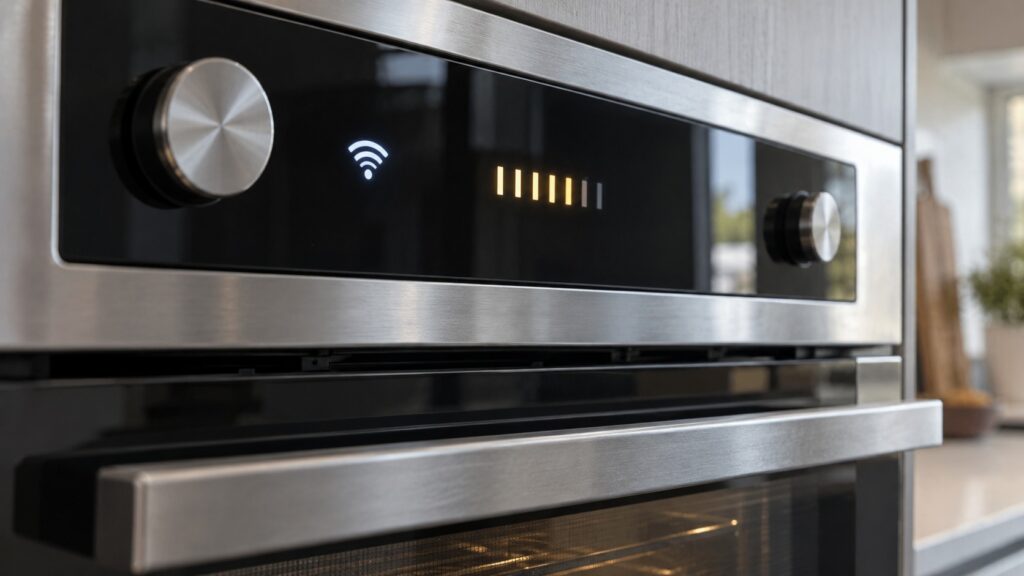 A close-up of a wall oven control panel showing a WiFi status icon next to the temperature display