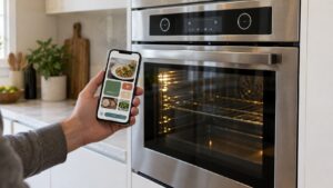 A modern stainless steel built-in wall oven with a smartphone held nearby showing a companion cooking app