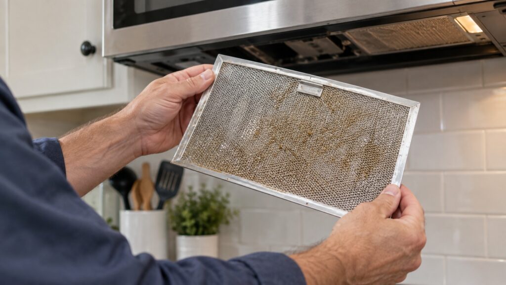A technician's hands holding a metal mesh grease filter panel removed from beneath an over-the-range microwave, checking it for buildup