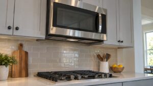 A stainless steel over-the-range microwave installed above a gas cooktop with its vent grille visible underneath