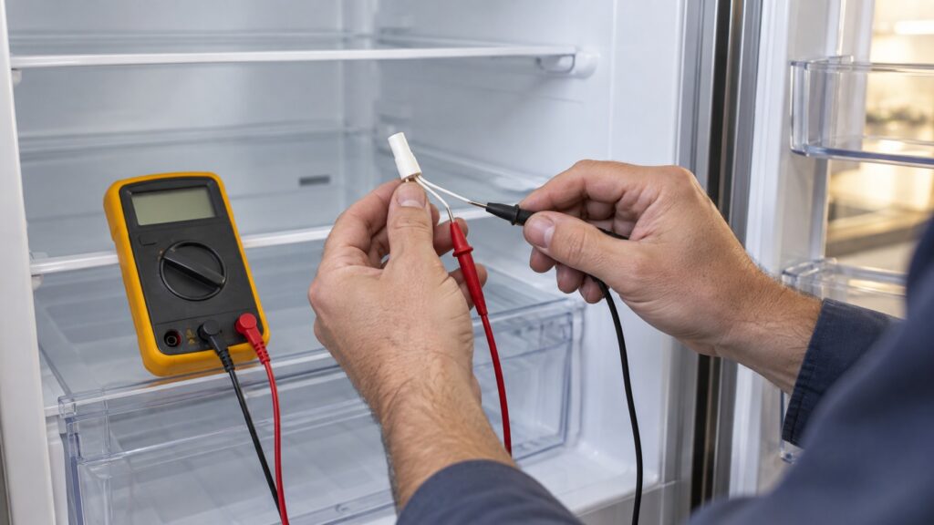 A technician's hands using a multimeter to test a small temperature sensor removed from inside a refrigerator's fresh food compartment