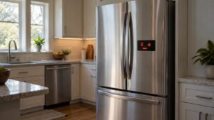 A stainless steel French door KitchenAid refrigerator in a kitchen with an unreadable fault code glowing on its exterior display