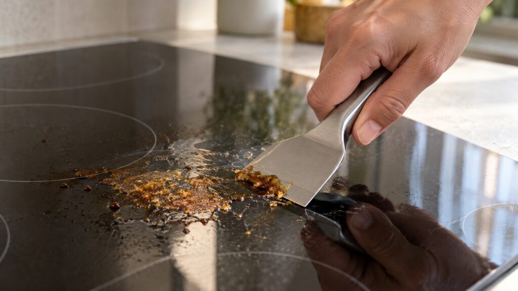 A hand using a flat cooktop scraper to lift a warm burned-on spill off a glass cooktop surface