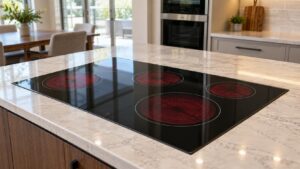 A black 36-inch radiant glass electric cooktop with five elements built into a kitchen island countertop
