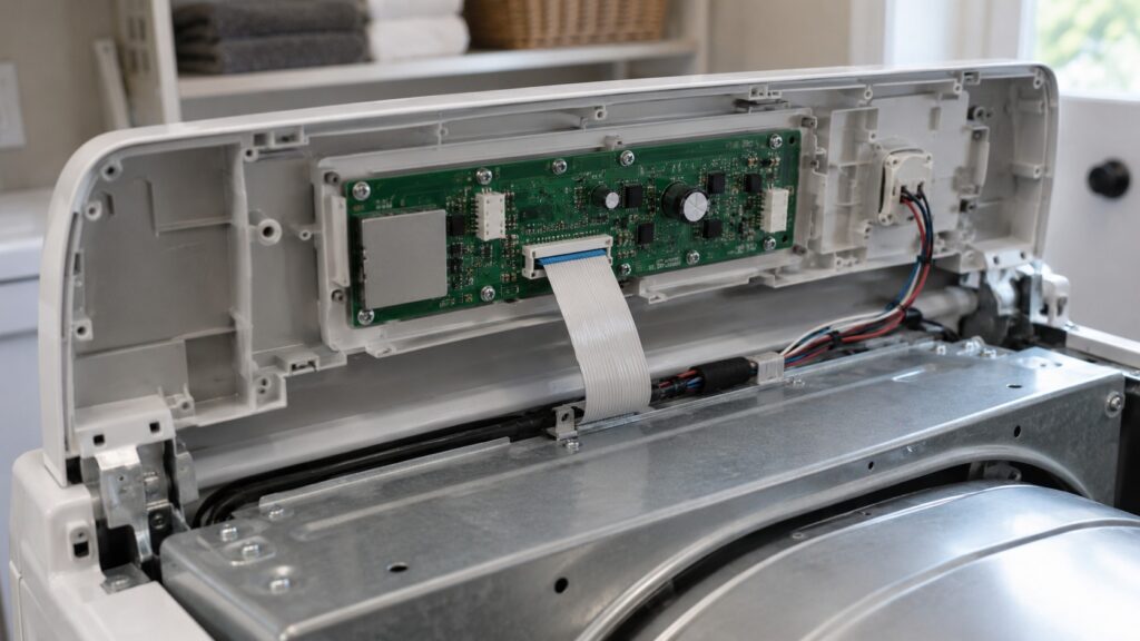 The back of a dryer control console with a ribbon cable seated in its connector on the interface board