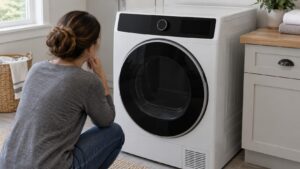 A laundry room dryer with its front control panel dark and unresponsive
