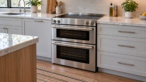 A stainless steel freestanding induction double-oven range in a modern kitchen