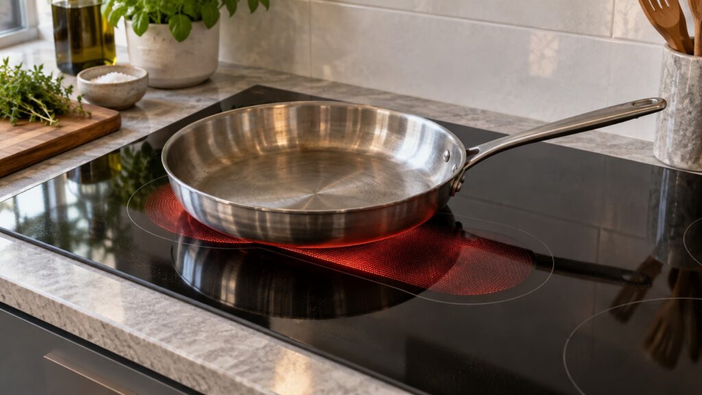 A pan on an induction cooktop zone with a bridge zone glowing between two elements