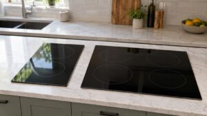 Two black induction cooktops of different widths side by side on a kitchen counter