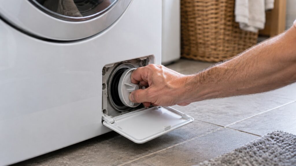 A hand unscrewing a round drain pump filter cap on a washer