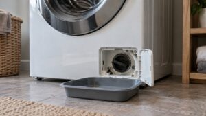 The bottom front access panel of a front-load washer open with a shallow pan beneath it