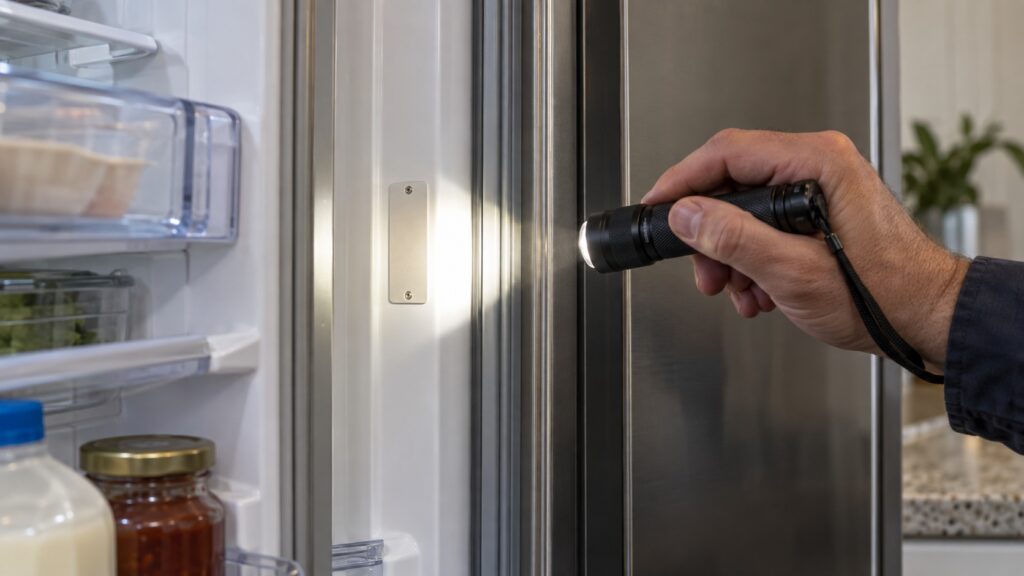 A hand holding a flashlight at a model and serial tag inside a refrigerator door frame